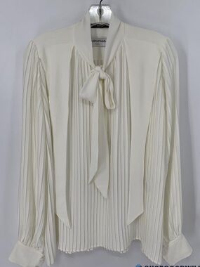 Balenciaga Ivory Pleated Tie-Neck Blouse